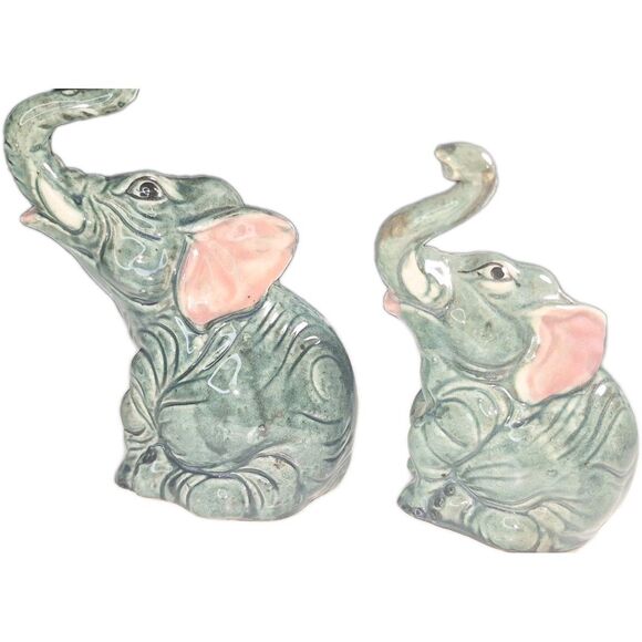 Vintage Green Ceramic Elephant Figurine Pair, Pink Ears, Upturned Trunks, 4–5... - Picture 4 of 5